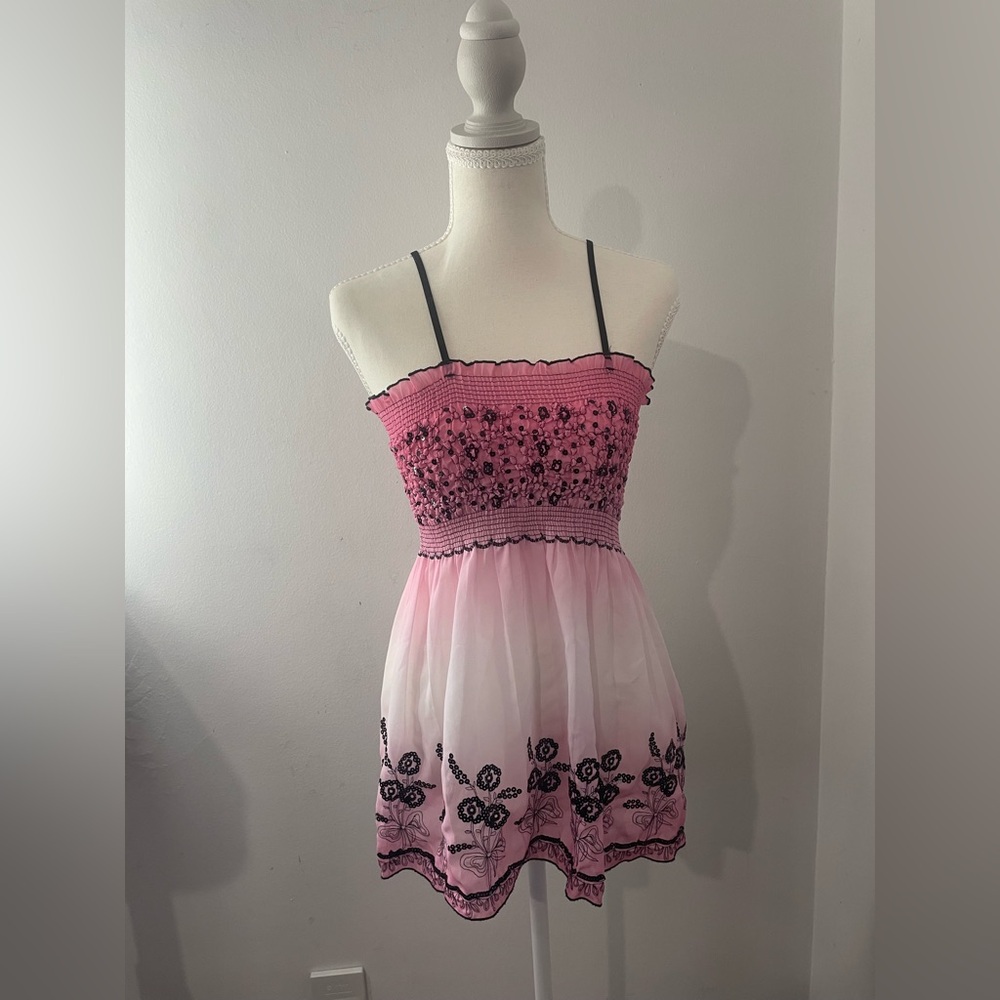 Beautees Pink Ombre Tank with Black Floral Accents sheer